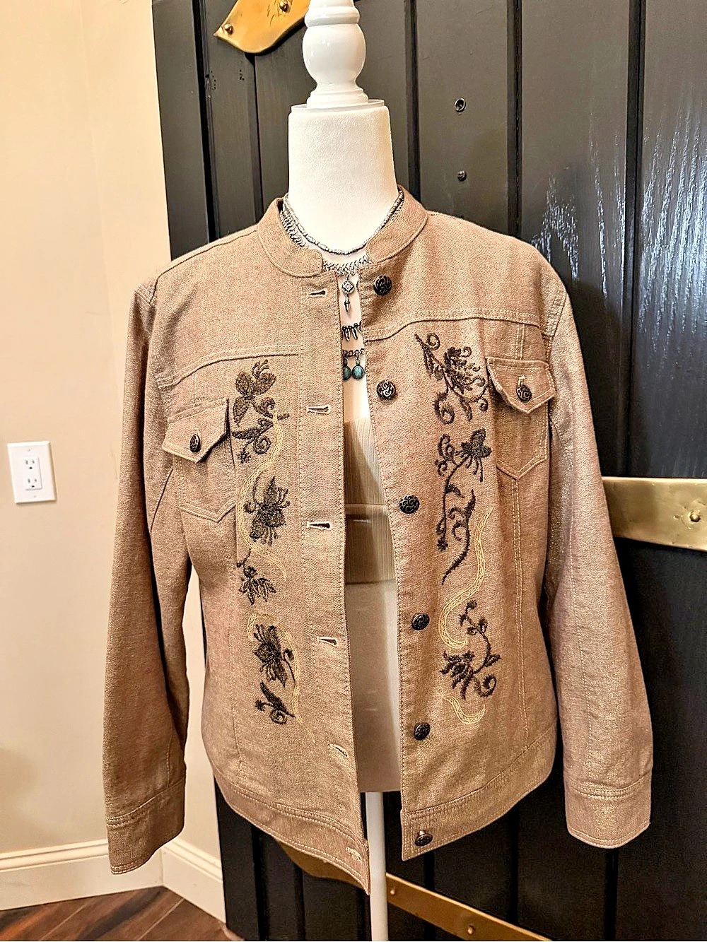 Chico's Woman’s Embroidered Denim Jacket Brown Gold Western Boho Size 2